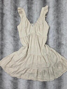 Hayden Linen Blend Ruffle Mini Dress | V-Neck Tiered Flutter Strap Linen Small